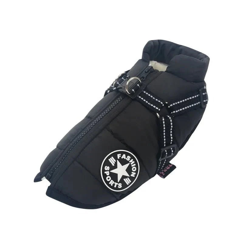 Veste imperméable pour chien noire matelassée avec harnais intégré et fermeture éclair