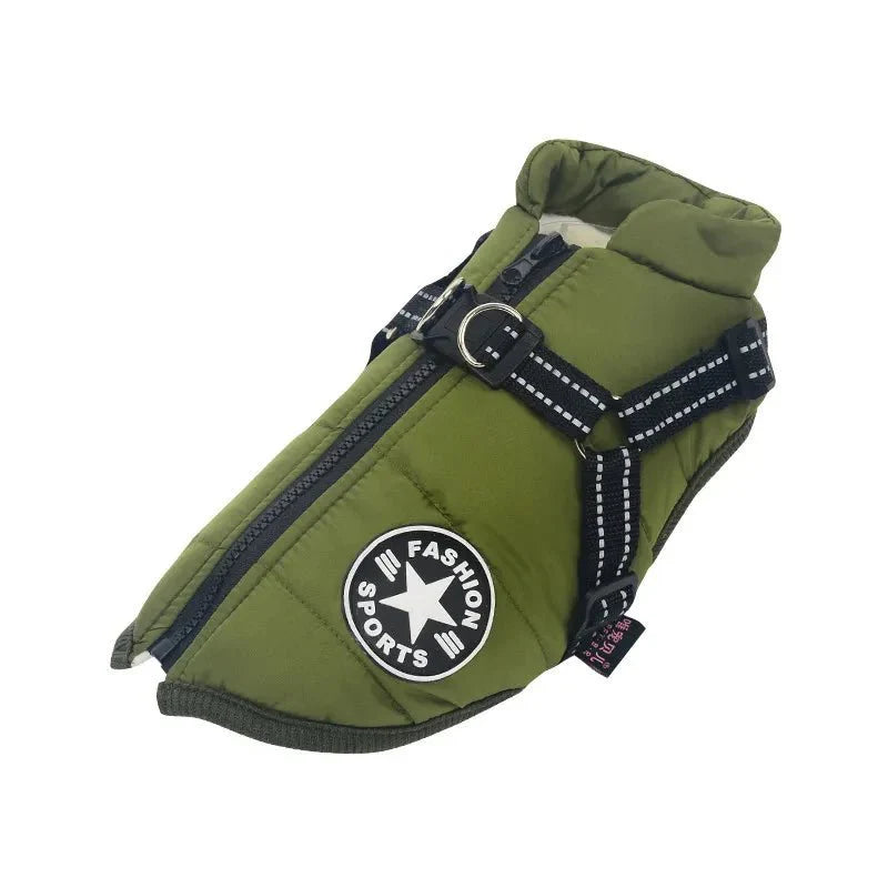 Veste imperméable pour chien verte avec fermeture éclair et harnais réglable Oscar et Plume