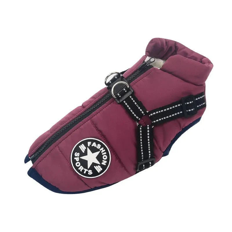 Veste imperméable pour chien bordeaux avec fermeture éclair et harnais ajustable Oscar et Plume