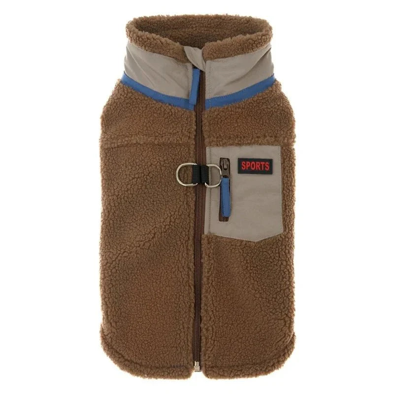 Veste polaire pour petit chien marron avec fermeture éclair et poche beige signée Oscar et Plume