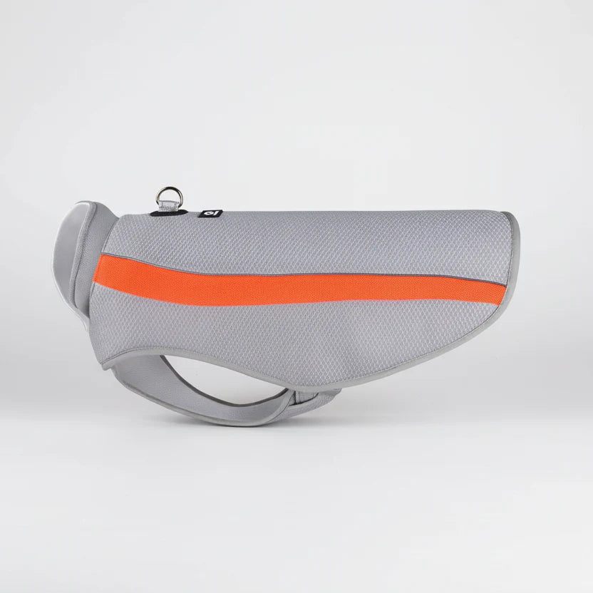 Veste rafraîchissante pour grand chien en gris avec bande orange pour les journées chaudes