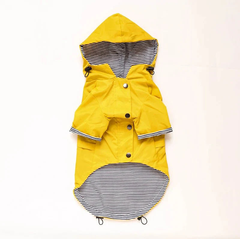 Vêtement de pluie pour chien jaune avec capuche rayée intérieur noir et blanc Oscar et Plume
