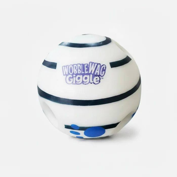 Balle sonore pour chien Oscar et Plume blanche avec motifs bleus et noirs pour jeu interactif